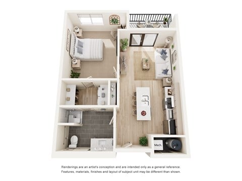 Floor plan for 1 bed, 1 bath, 732 sqft